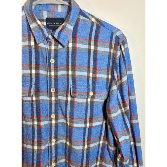 Lucky Brand Men’s Small Flannel Shirt – Blue Gray Red Plaid Long Sleeve Button - Picture 2 of 5